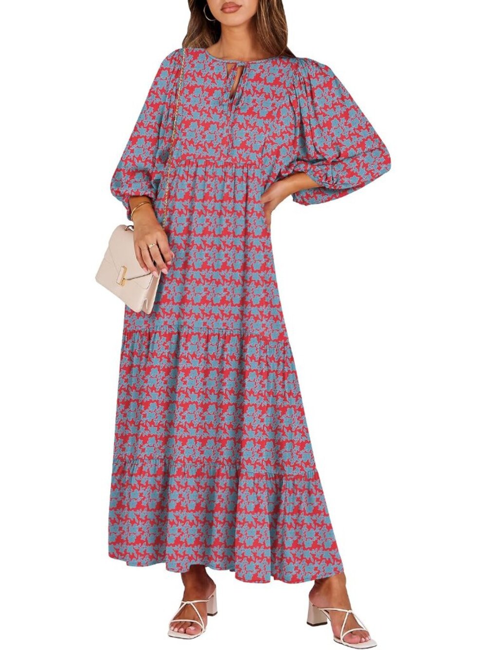 Womens Boho Floral 3/4 Puff Sleeve Maxi Dress